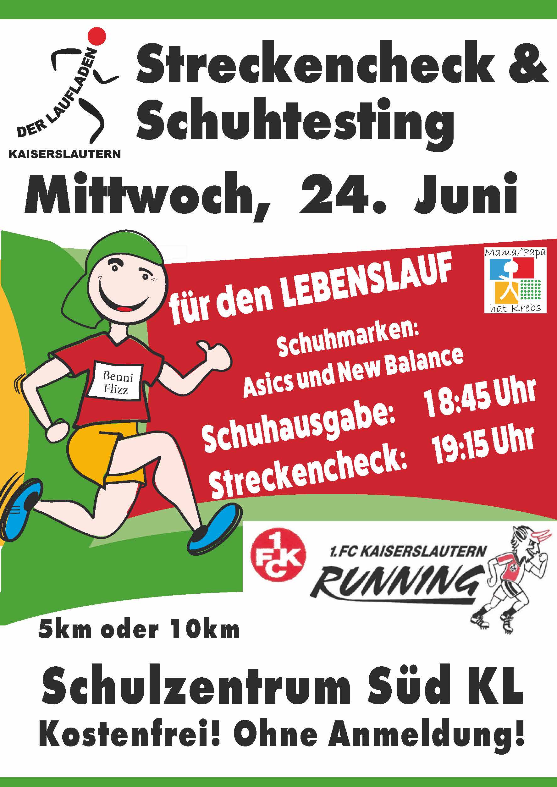 Flyer A5 Vorderseite 24.6.Streckencheck Schuhtesting Laufladen Lebenslauf